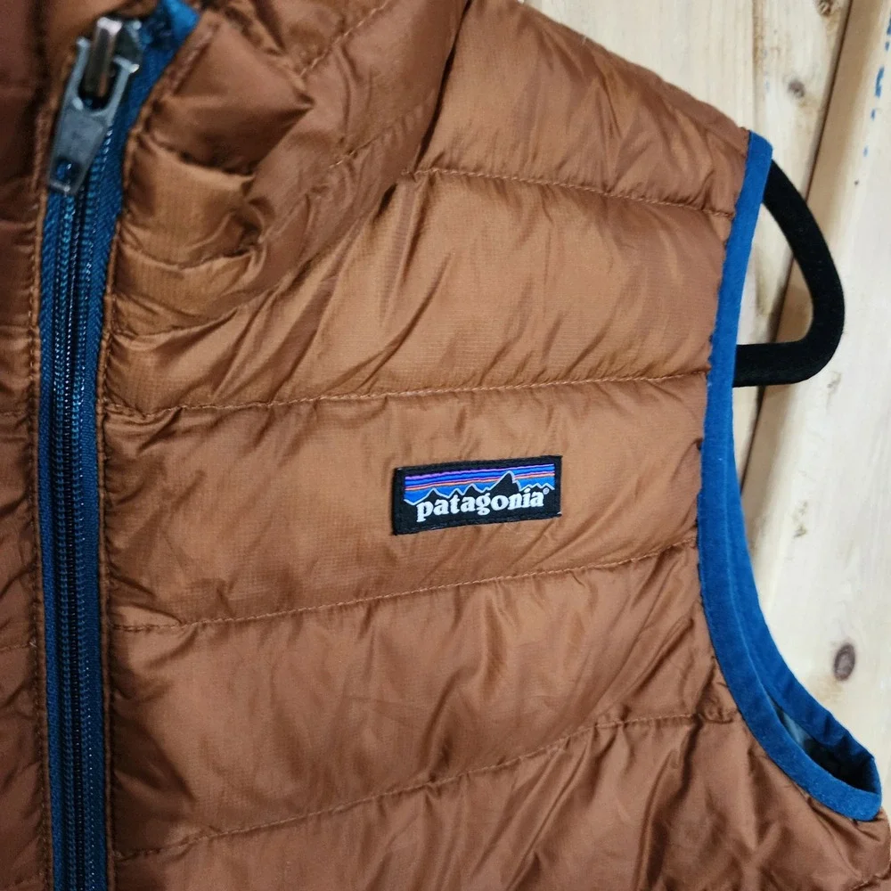 Patagonia Boys Down Vest Copper Brown Blue Trim Size Large 12 L Quilted